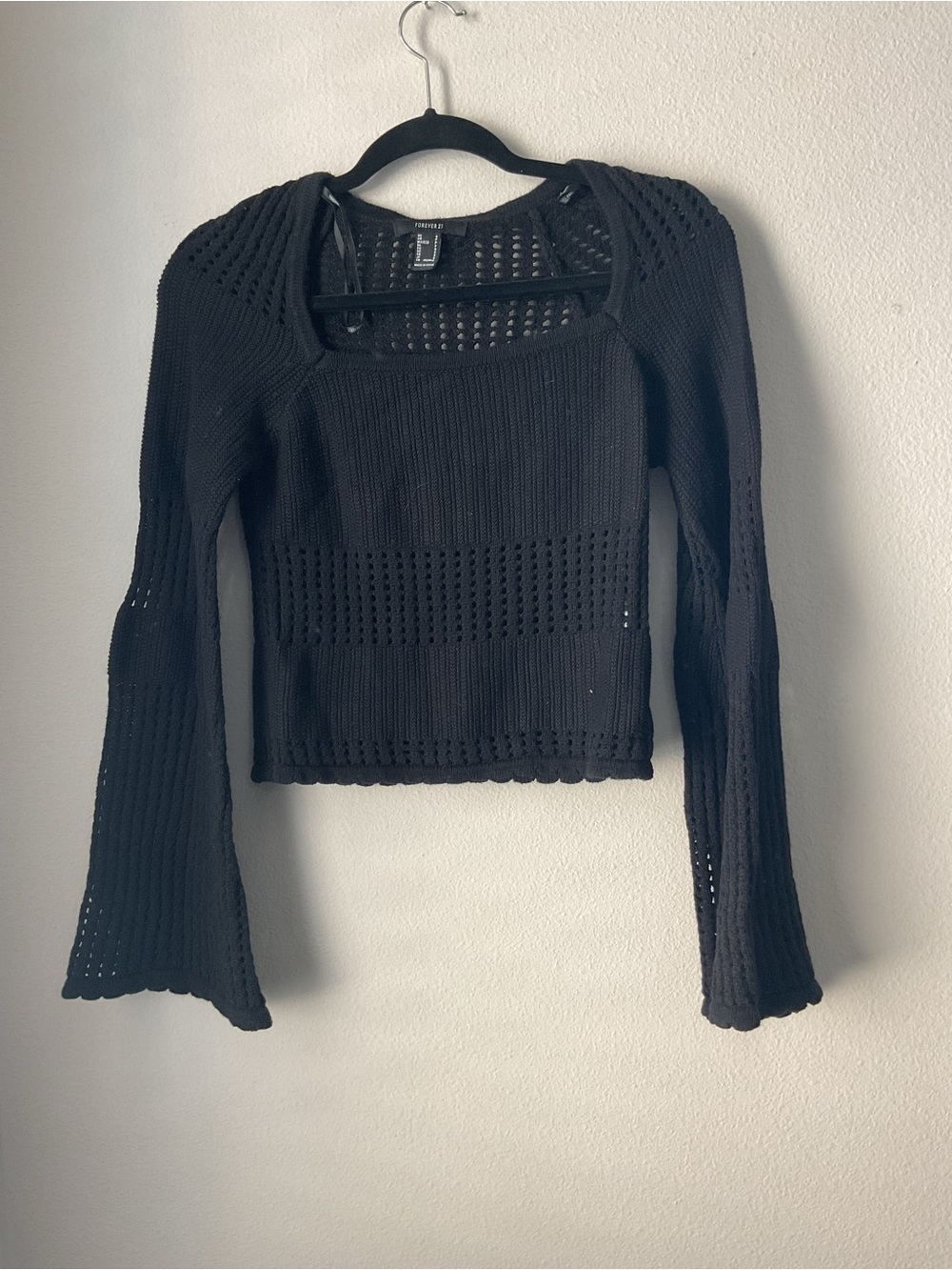 Forever 21 Black Crochet Square-Neck Long Sleeve Top